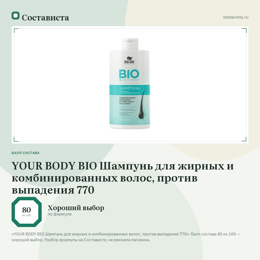 YOUR BODY BIO Шампунь для жирных и комбинированных волос, против выпадения 770: балл состава 80 из 100 — Состависта