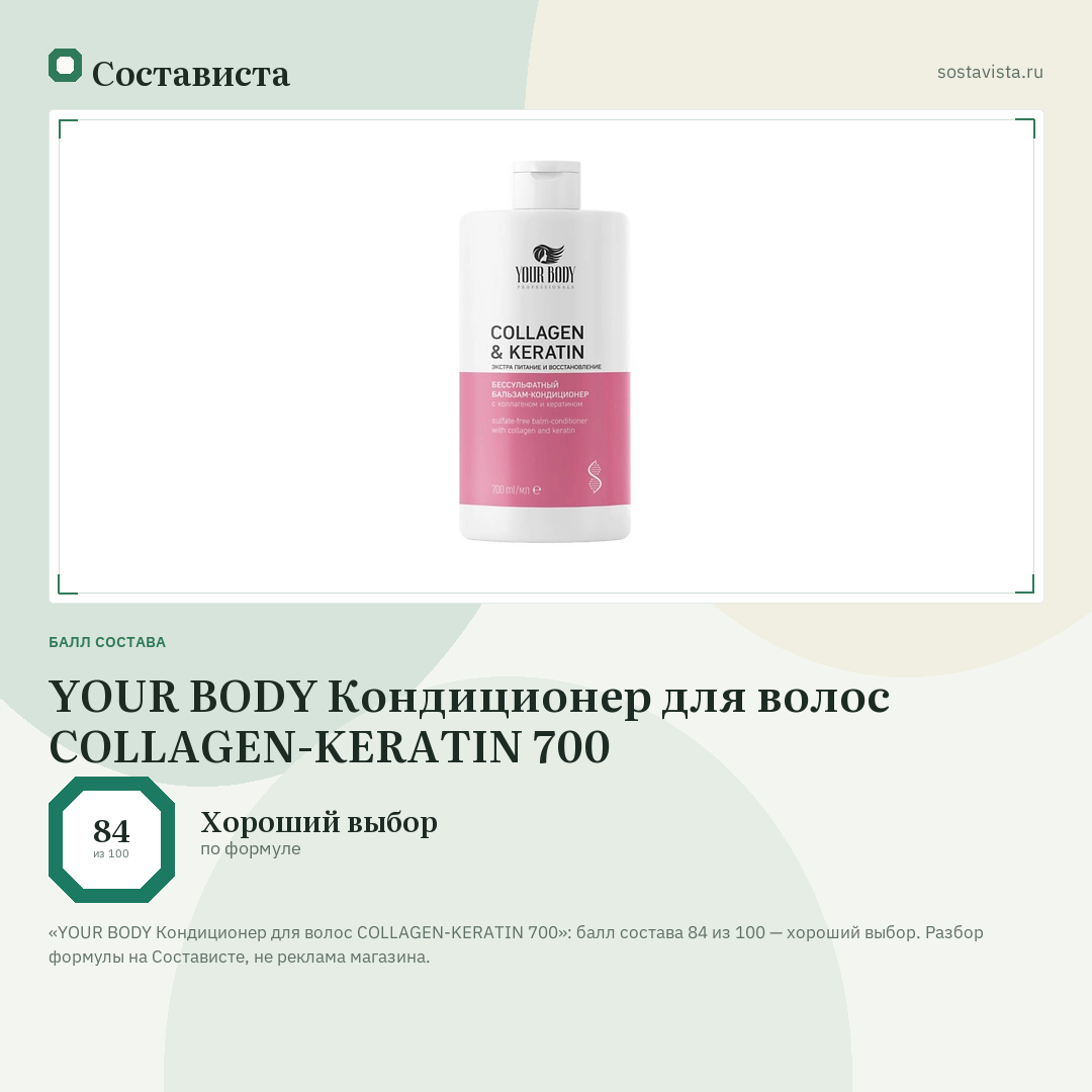 YOUR BODY Кондиционер для волос COLLAGEN-KERATIN 700: балл состава 84 из 100 — Состависта