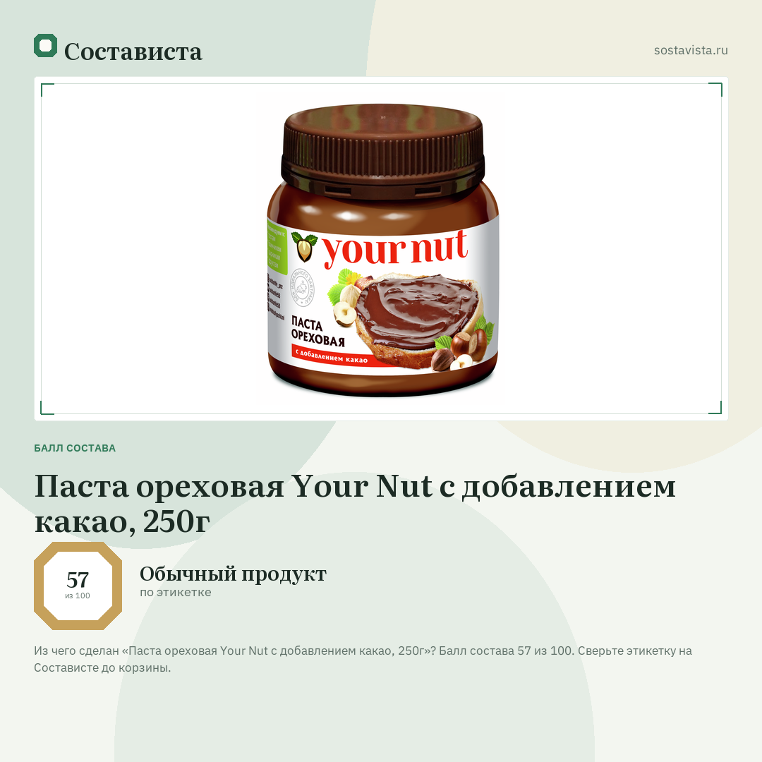 Паста ореховая Your Nut с добавлением какао, 250г: балл состава 57 из 100 — Состависта