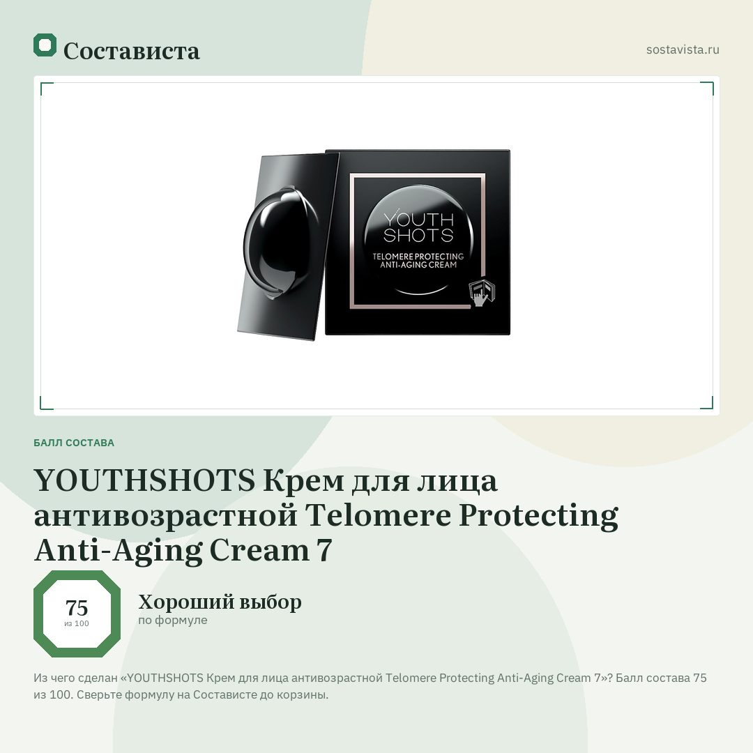 YOUTHSHOTS Крем для лица антивозрастной Telomere Protecting Anti-Aging Cream 7: балл состава 75 из 100 — Состависта