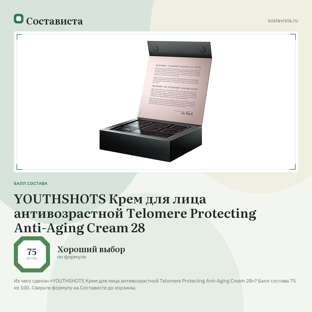 YOUTHSHOTS Крем для лица антивозрастной Telomere Protecting Anti-Aging Cream 28: балл состава 75 из 100 — Состависта