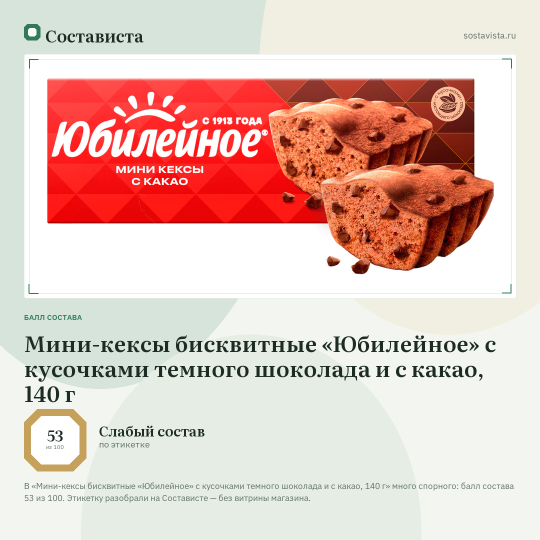 Мини-кексы бисквитные «Юбилейное» с кусочками темного шоколада и с какао, 140 г: балл состава 53 из 100 — Состависта