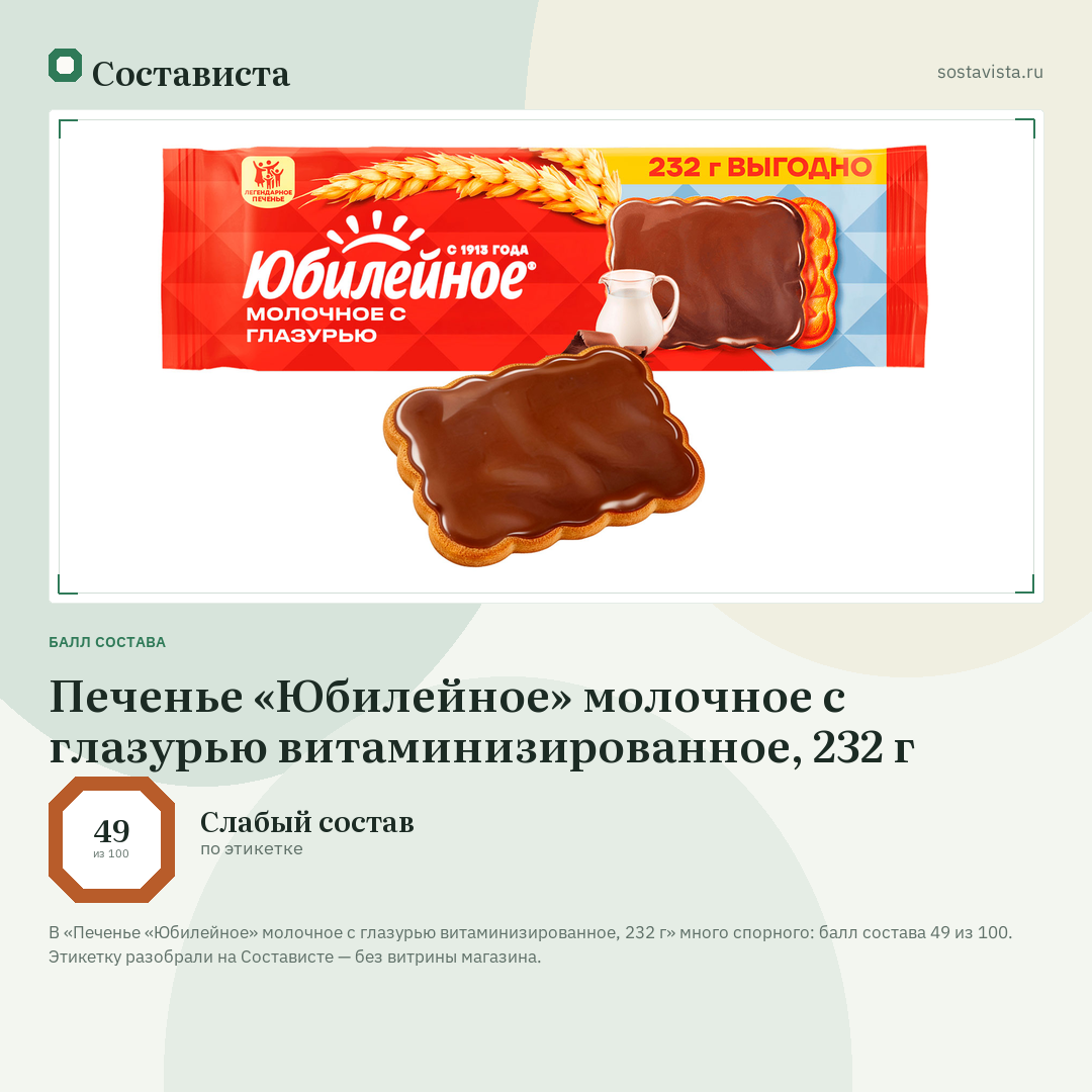 Печенье «Юбилейное» молочное с глазурью витаминизированное, 232 г: балл состава 49 из 100 — Состависта