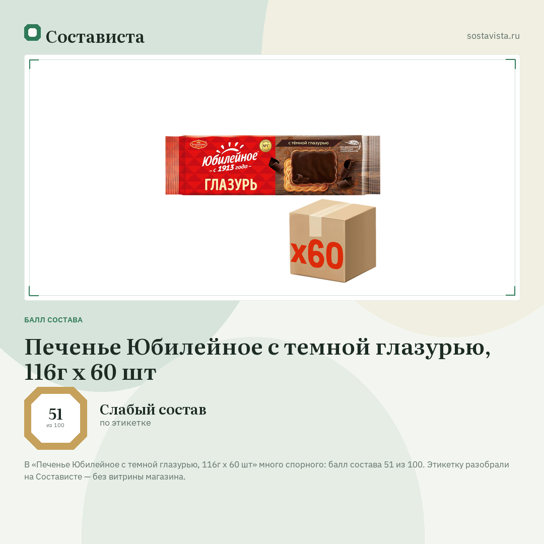 Печенье Юбилейное с темной глазурью, 116г x 60 шт: балл состава 51 из 100 — Состависта