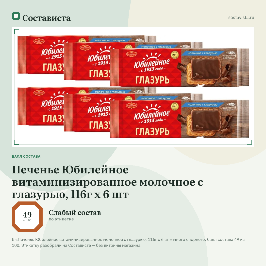 Печенье Юбилейное витаминизированное молочное с глазурью, 116г x 6 шт: балл состава 49 из 100 — Состависта