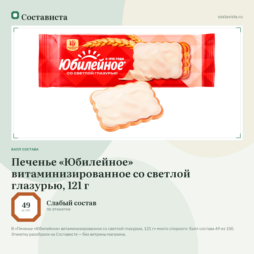 Печенье «Юбилейное» витаминизированное со светлой глазурью, 121 г: балл состава 49 из 100 — Состависта