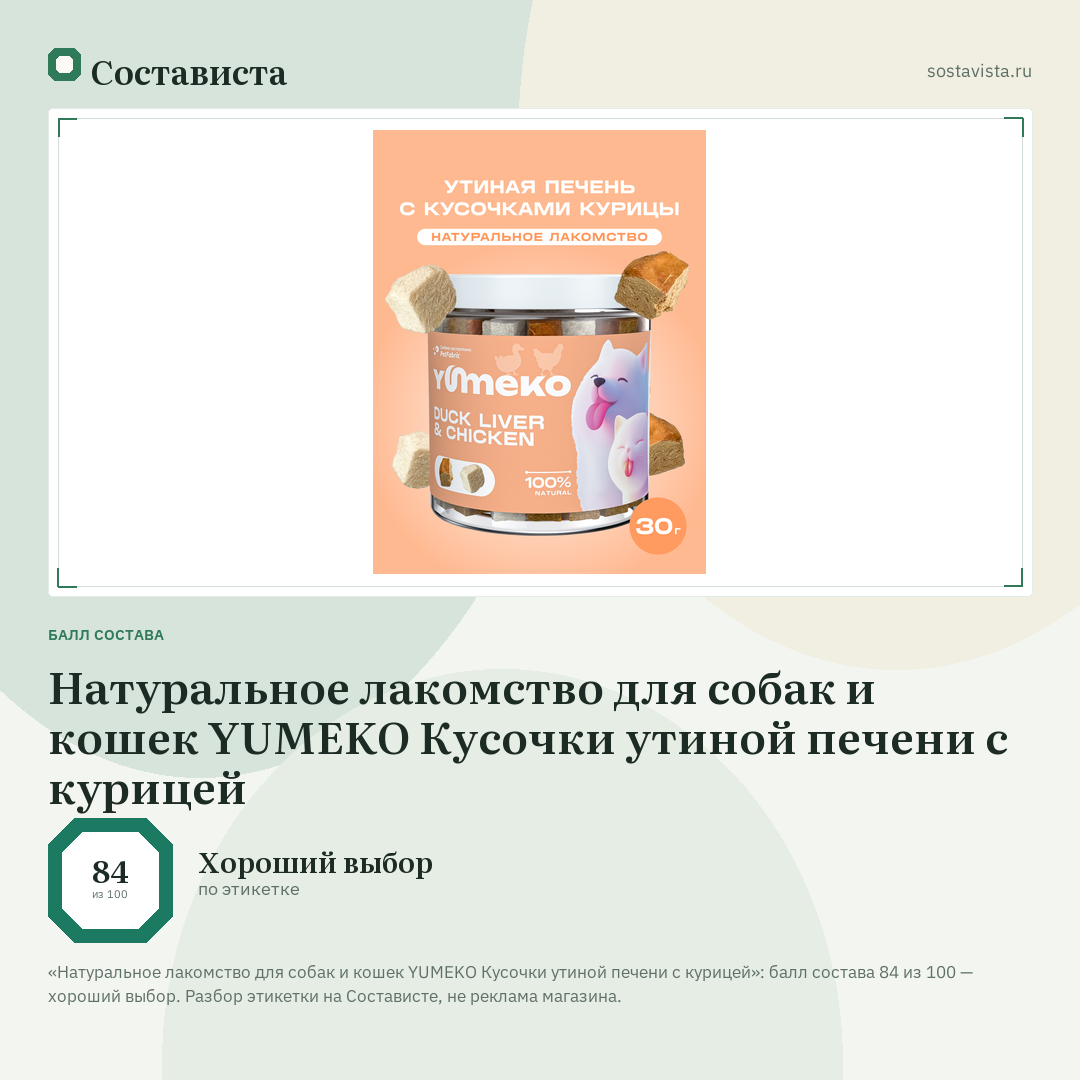 Натуральное лакомство для собак и кошек YUMEKO Кусочки утиной печени с курицей: балл состава 84 из 100 — Состависта