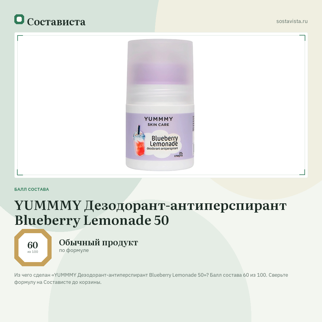 YUMMMY Дезодорант-антиперспирант Blueberry Lemonade 50: балл состава 60 из 100 — Состависта