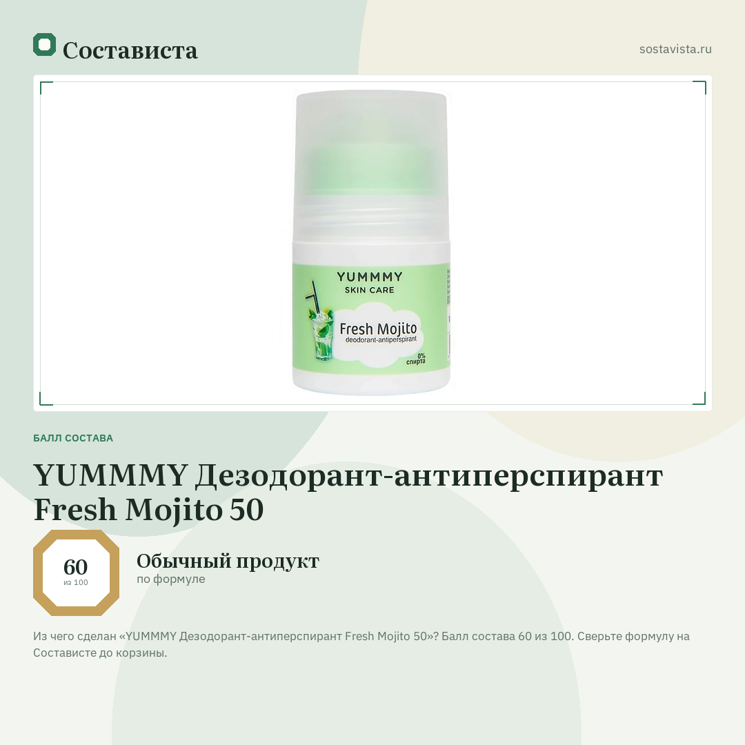 YUMMMY Дезодорант-антиперспирант Fresh Mojito 50: балл состава 60 из 100 — Состависта