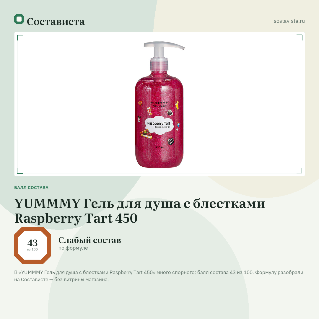 YUMMMY Гель для душа с блестками Raspberry Tart 450: балл состава 43 из 100 — Состависта