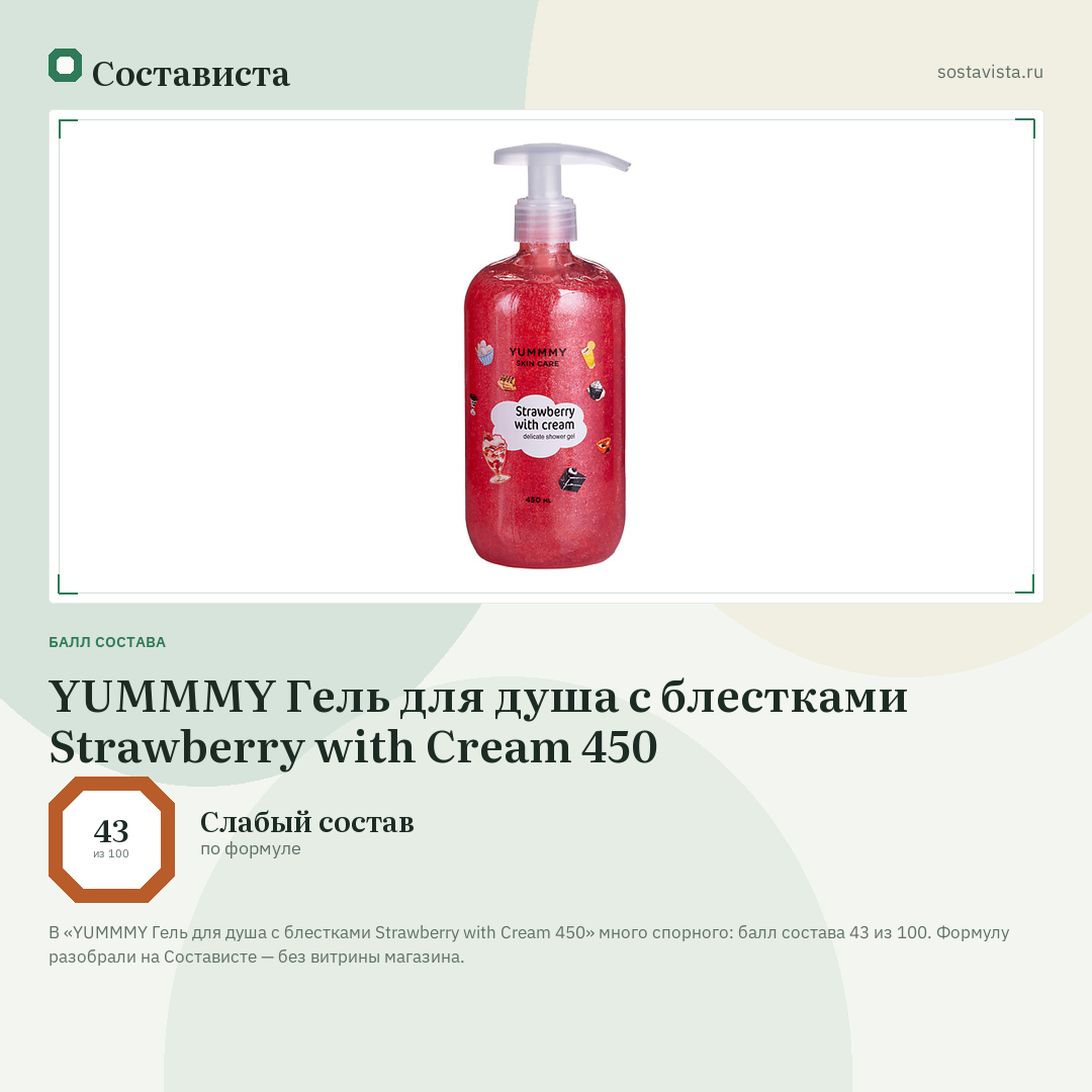 YUMMMY Гель для душа с блестками Strawberry with Cream 450: балл состава 43 из 100 — Состависта