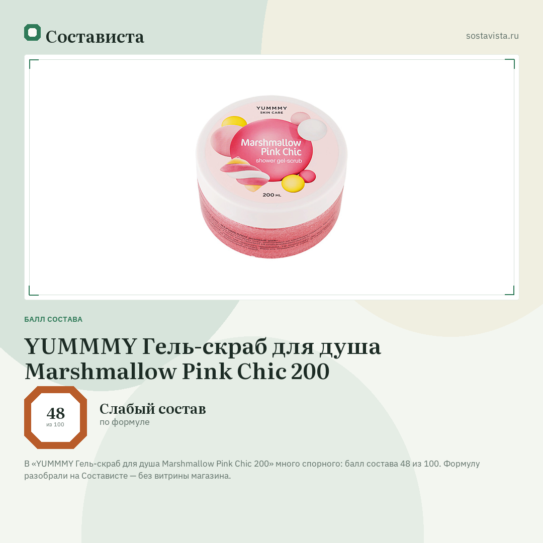 YUMMMY Гель-скраб для душа Marshmallow Pink Chic 200: балл состава 48 из 100 — Состависта