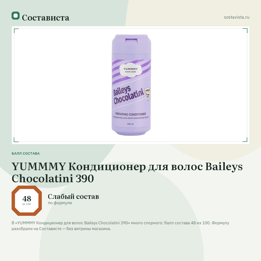 YUMMMY Кондиционер для волос Baileys Chocolatini 390: балл состава 48 из 100 — Состависта