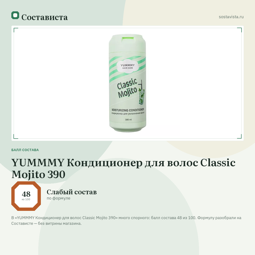 YUMMMY Кондиционер для волос Classic Mojito 390: балл состава 48 из 100 — Состависта