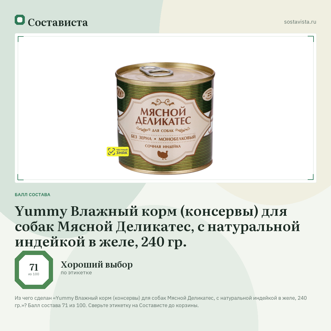 Yummy Влажный корм (консервы) для собак Мясной Деликатес, с натуральной индейкой в желе, 240 гр.: балл состава 71 из 100 — Состависта
