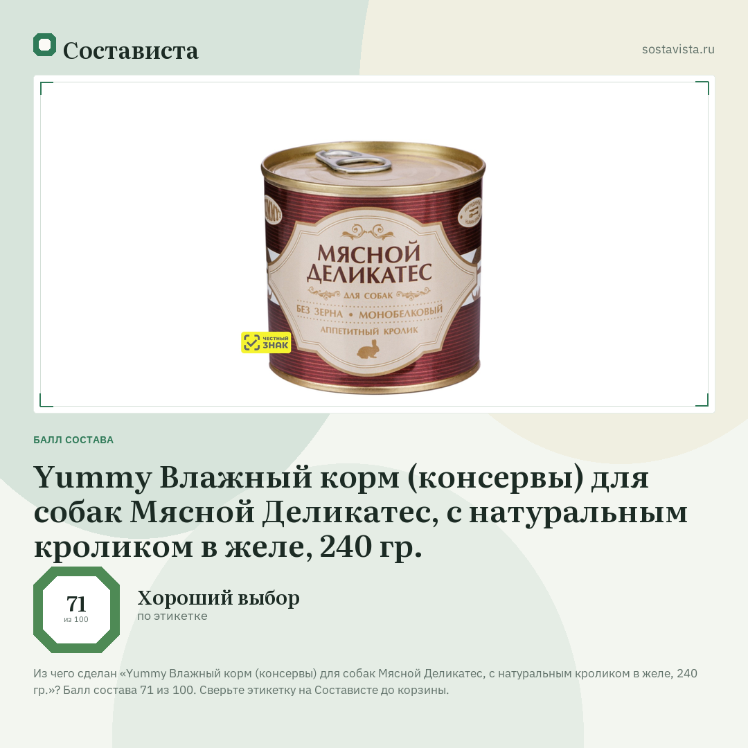 Yummy Влажный корм (консервы) для собак Мясной Деликатес, с натуральным кроликом в желе, 240 гр.: балл состава 71 из 100 — Состависта