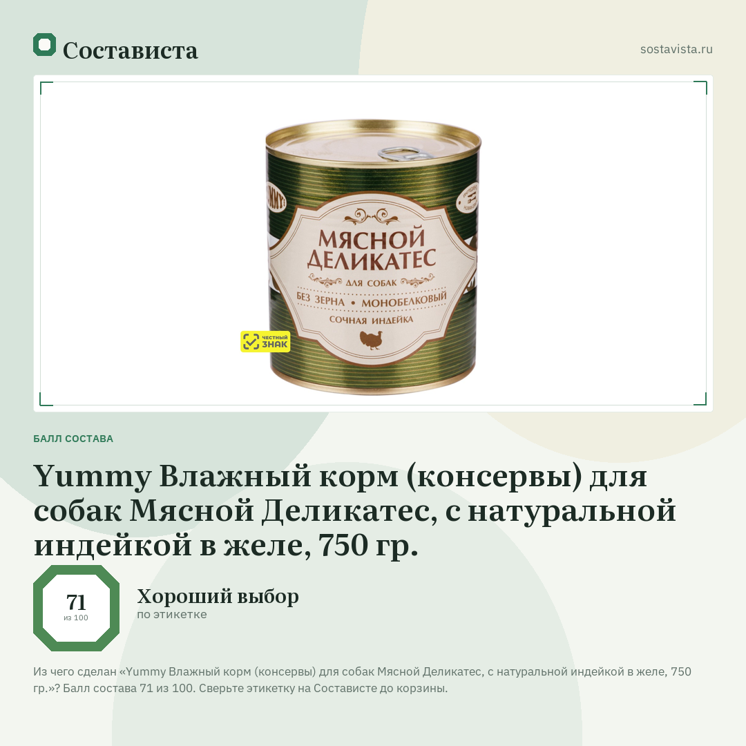 Yummy Влажный корм (консервы) для собак Мясной Деликатес, с натуральной индейкой в желе, 750 гр.: балл состава 71 из 100 — Состависта