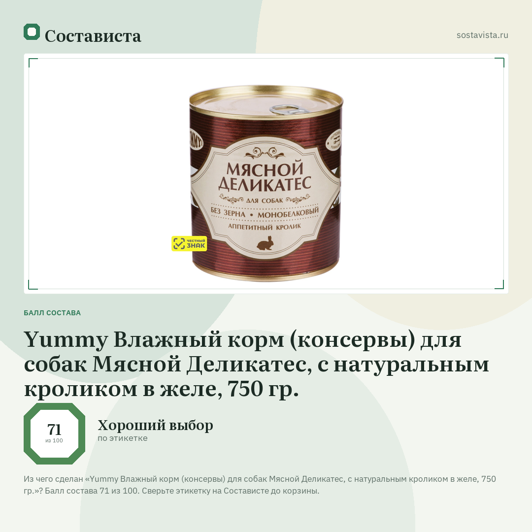 Yummy Влажный корм (консервы) для собак Мясной Деликатес, с натуральным кроликом в желе, 750 гр.: балл состава 71 из 100 — Состависта