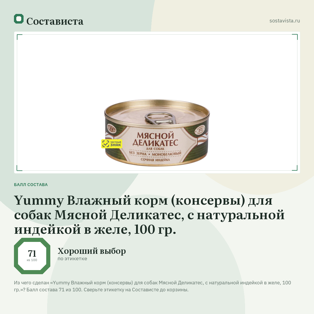 Yummy Влажный корм (консервы) для собак Мясной Деликатес, с натуральной индейкой в желе, 100 гр.: балл состава 71 из 100 — Состависта