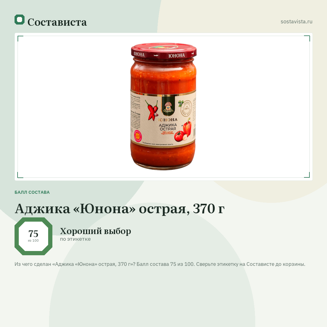Аджика «Юнона» острая, 370 г: балл состава 75 из 100 — Состависта