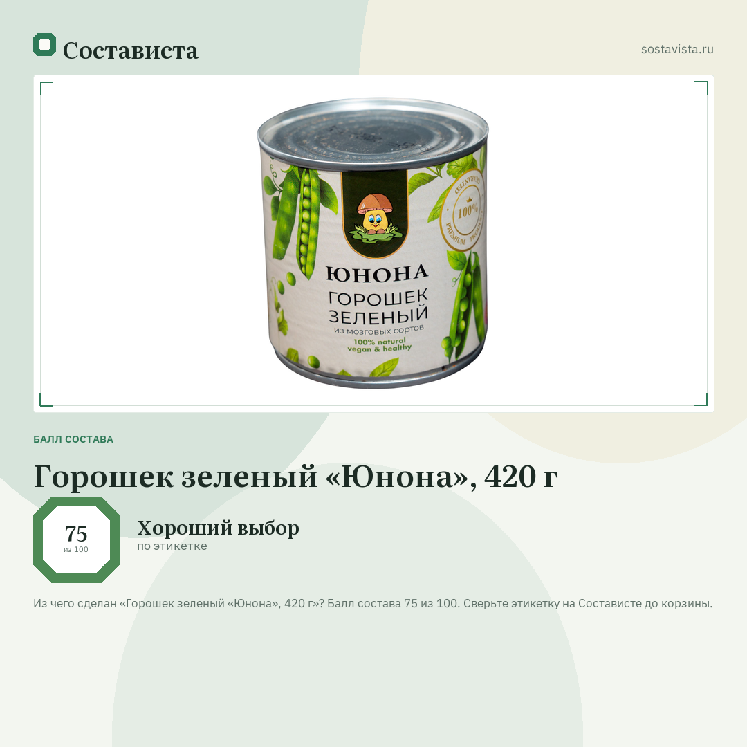 Горошек зеленый «Юнона», 420 г: балл состава 75 из 100 — Состависта