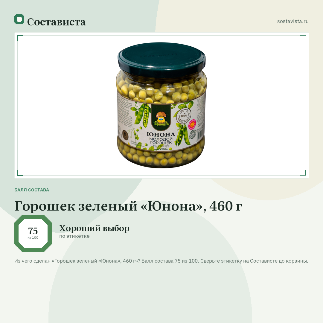 Горошек зеленый «Юнона», 460 г: балл состава 75 из 100 — Состависта