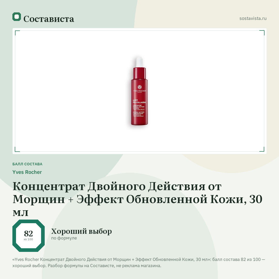Yves Rocher Концентрат Двойного Действия от Морщин + Эффект Обновленной Кожи, 30 мл: балл состава 82 из 100 — Состависта