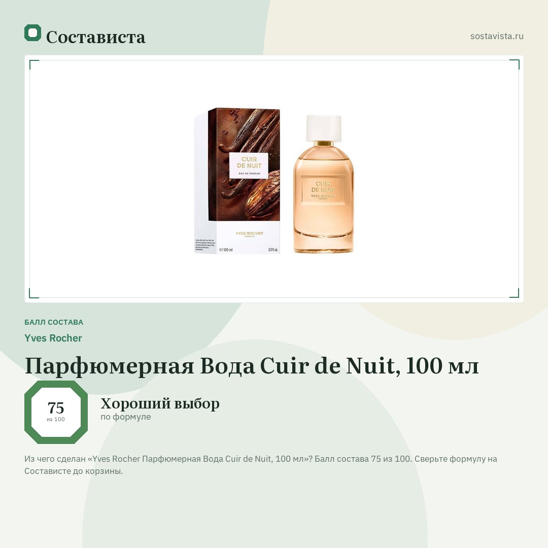 Yves Rocher Парфюмерная Вода Cuir de Nuit, 100 мл: балл состава 75 из 100 — Состависта
