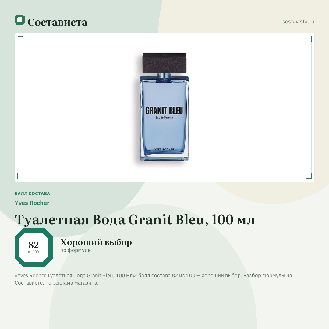 Yves Rocher Туалетная Вода Granit Bleu, 100 мл: балл состава 82 из 100 — Состависта