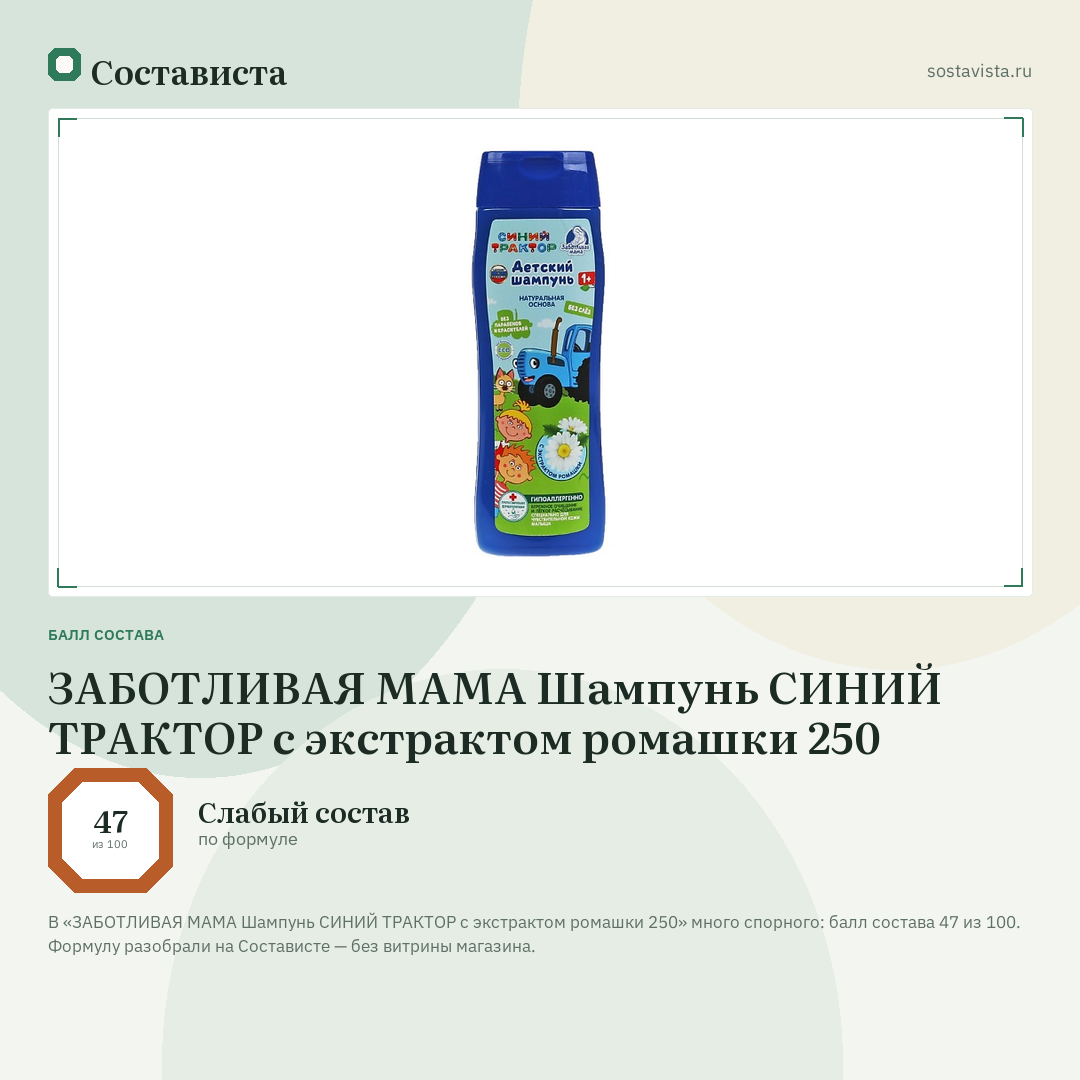 ЗАБОТЛИВАЯ МАМА Шампунь СИНИЙ ТРАКТОР с экстрактом ромашки 250: балл состава 47 из 100 — Состависта