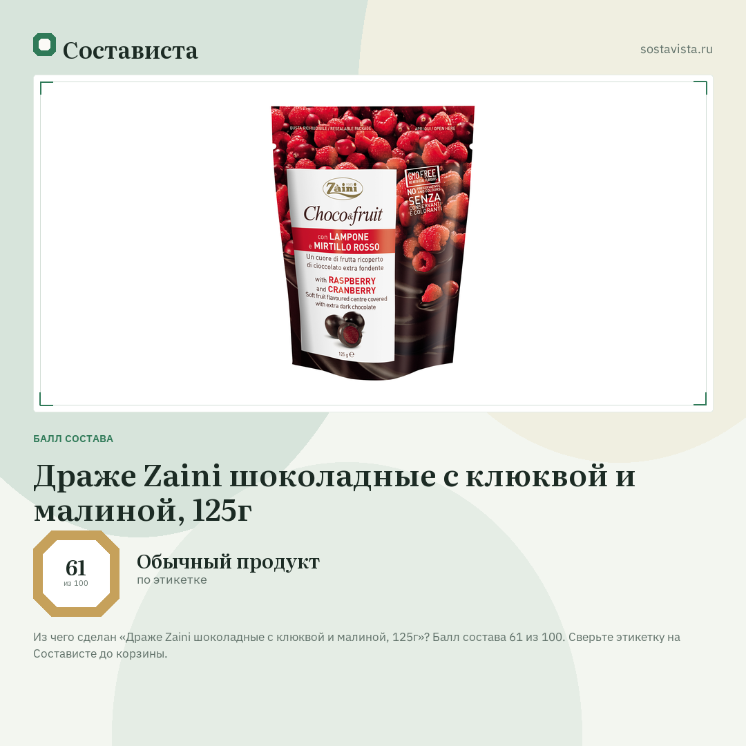 Драже Zaini шоколадные с клюквой и малиной, 125г: балл состава 61 из 100 — Состависта
