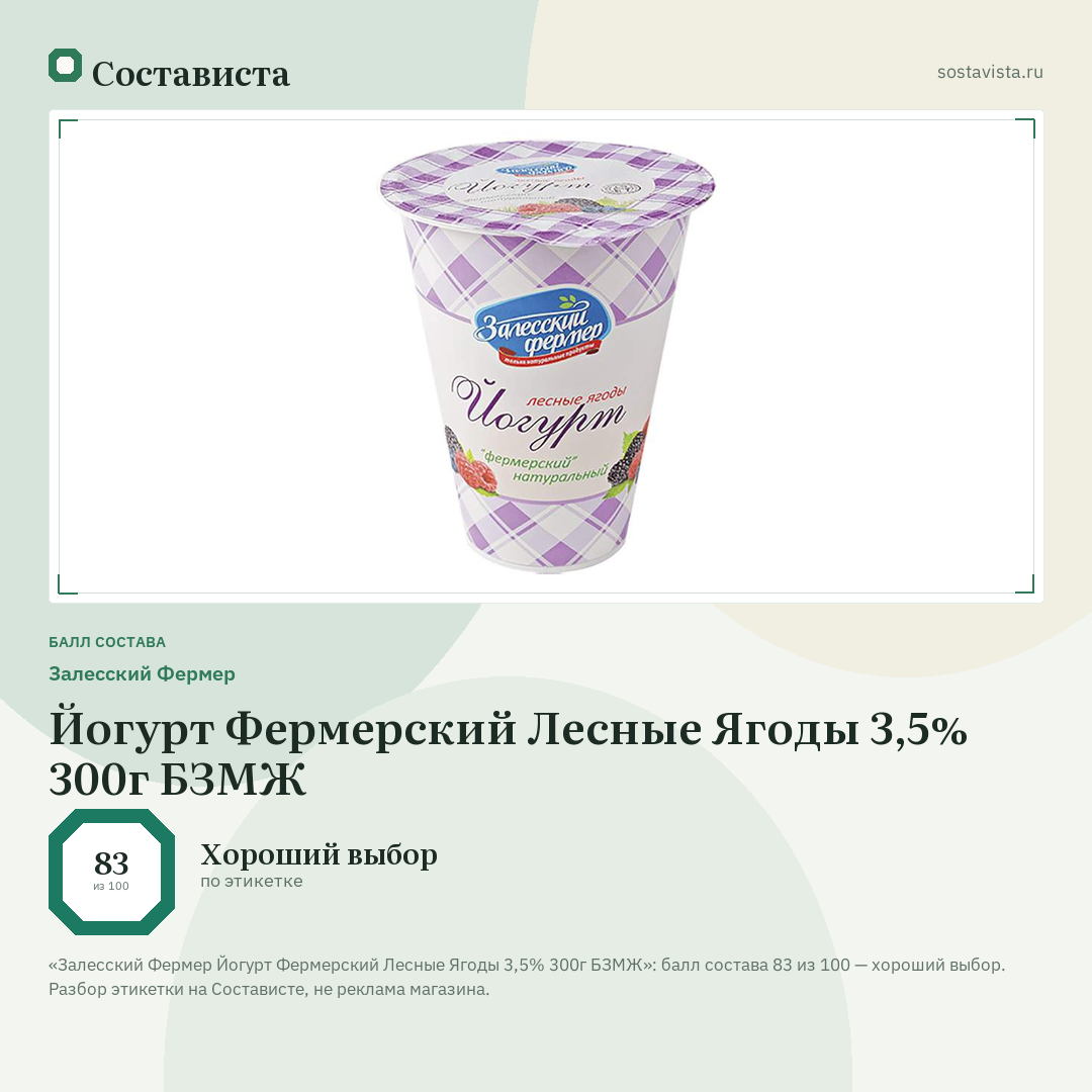 Залесский Фермер Йогурт Фермерский Лесные Ягоды 3,5% 300г БЗМЖ: балл состава 83 из 100 — Состависта