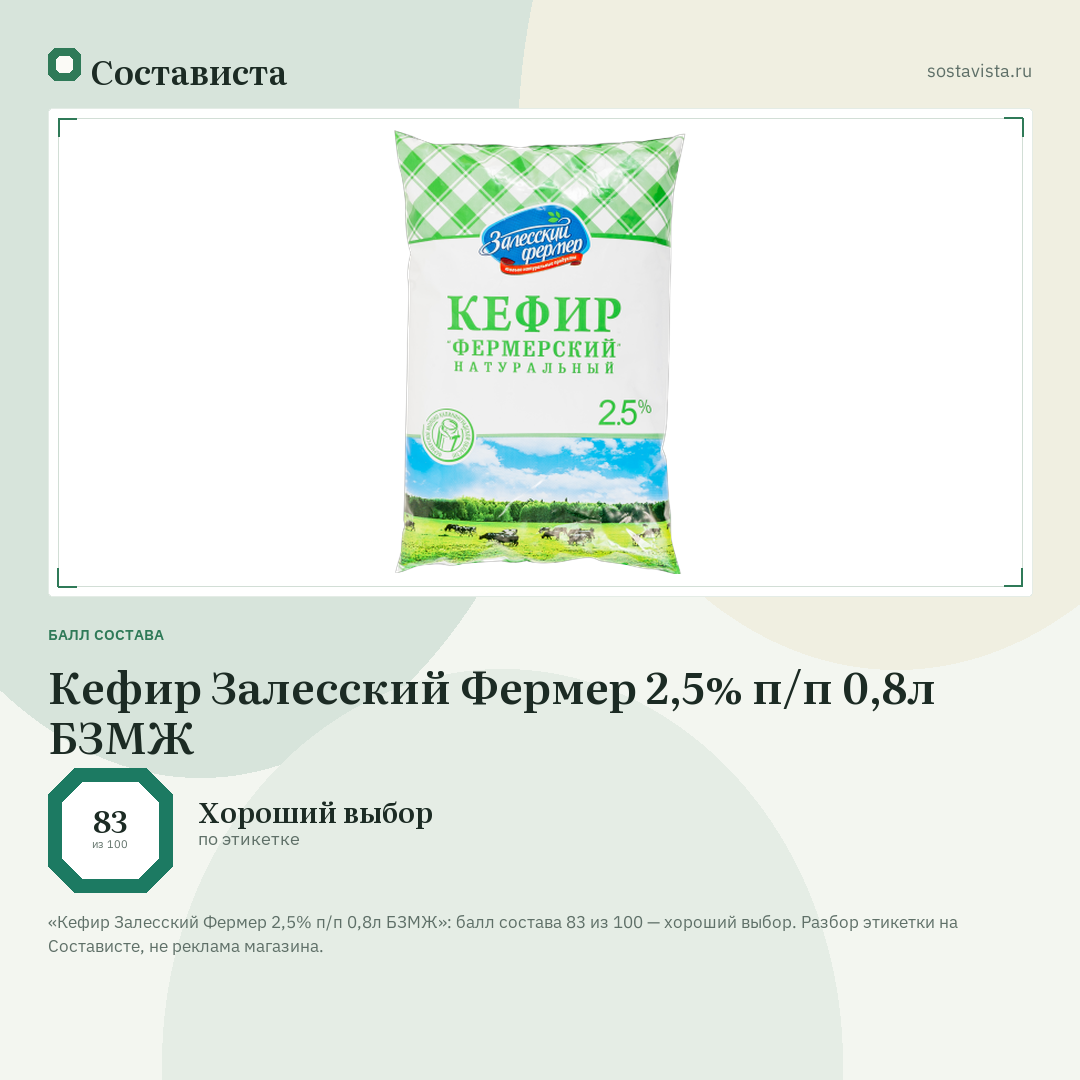 Кефир Залесский Фермер 2,5% п/п 0,8л БЗМЖ: балл состава 83 из 100 — Состависта