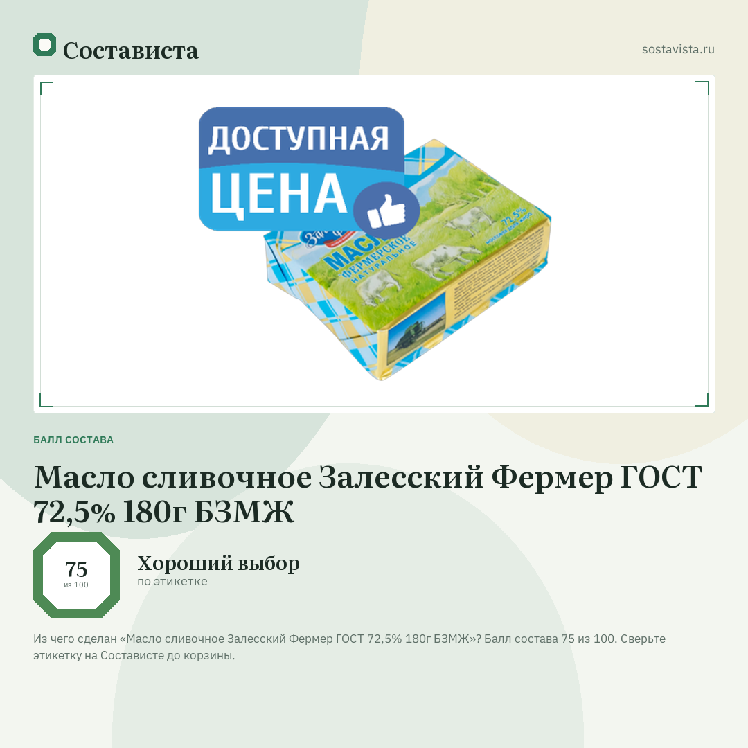 Масло сливочное Залесский Фермер ГОСТ 72,5% 180г БЗМЖ: балл состава 75 из 100 — Состависта