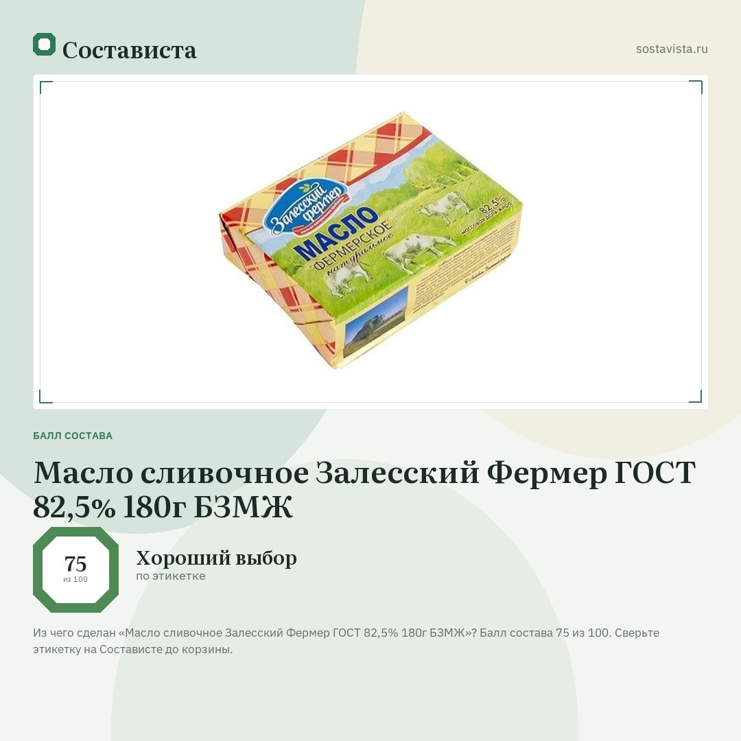 Масло сливочное Залесский Фермер ГОСТ 82,5% 180г БЗМЖ: балл состава 75 из 100 — Состависта