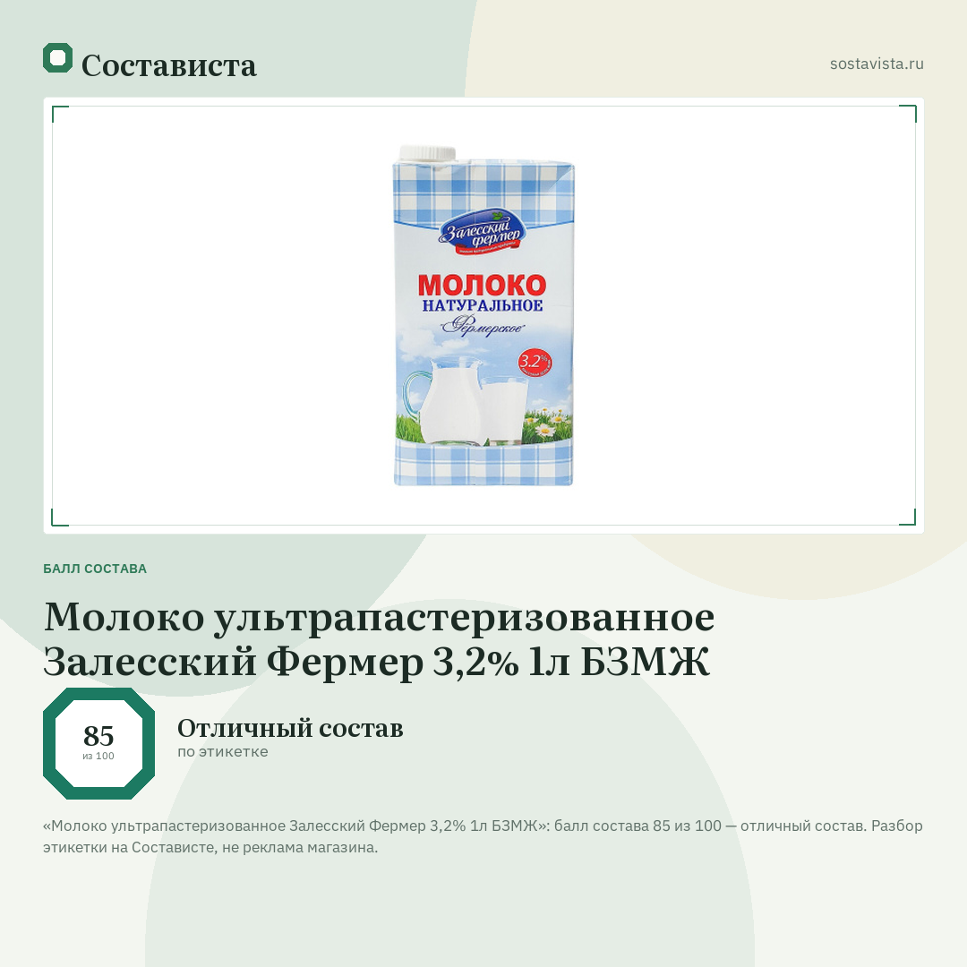 Молоко ультрапастеризованное Залесский Фермер 3,2% 1л БЗМЖ: балл состава 85 из 100 — Состависта