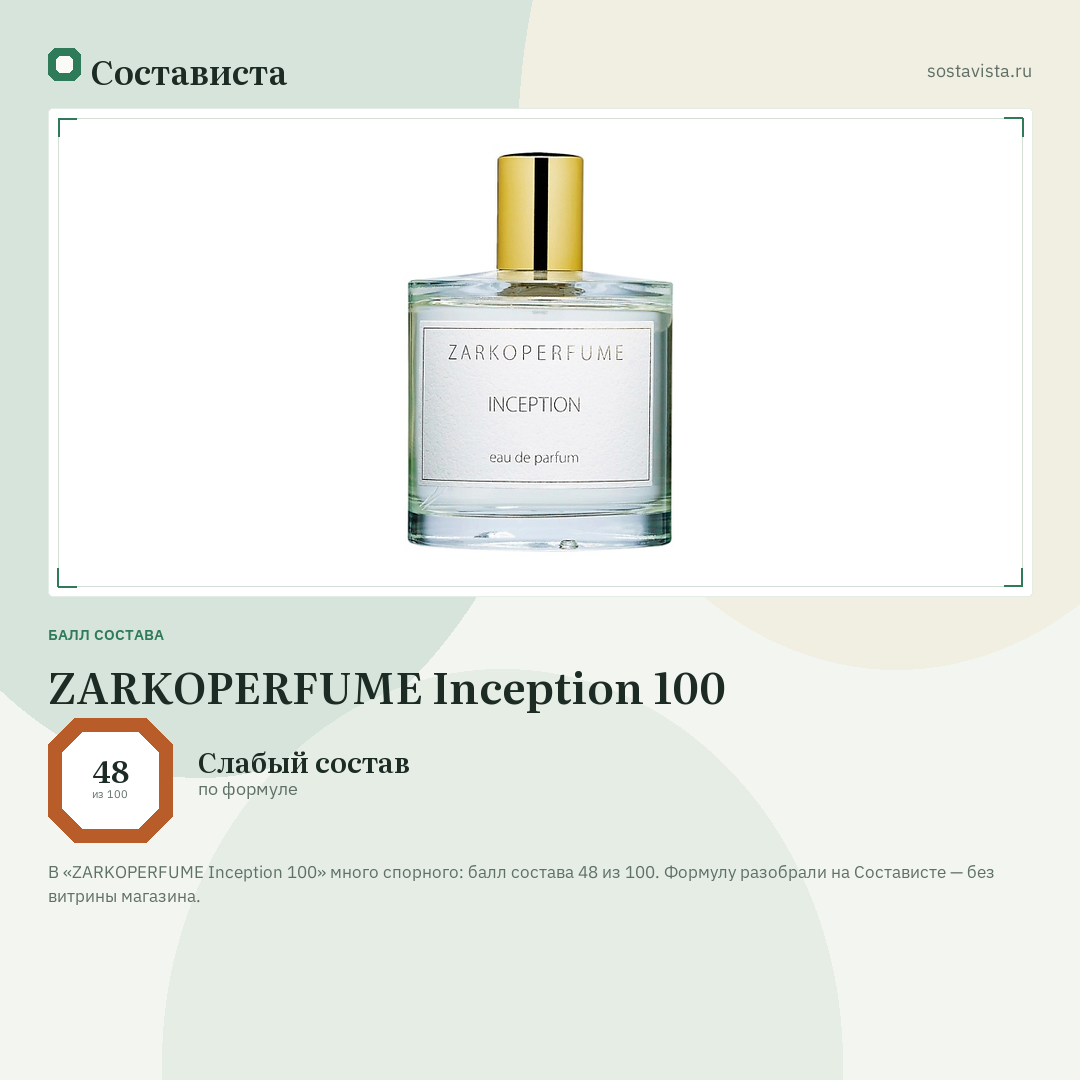 ZARKOPERFUME Inception 100: балл состава 48 из 100 — Состависта