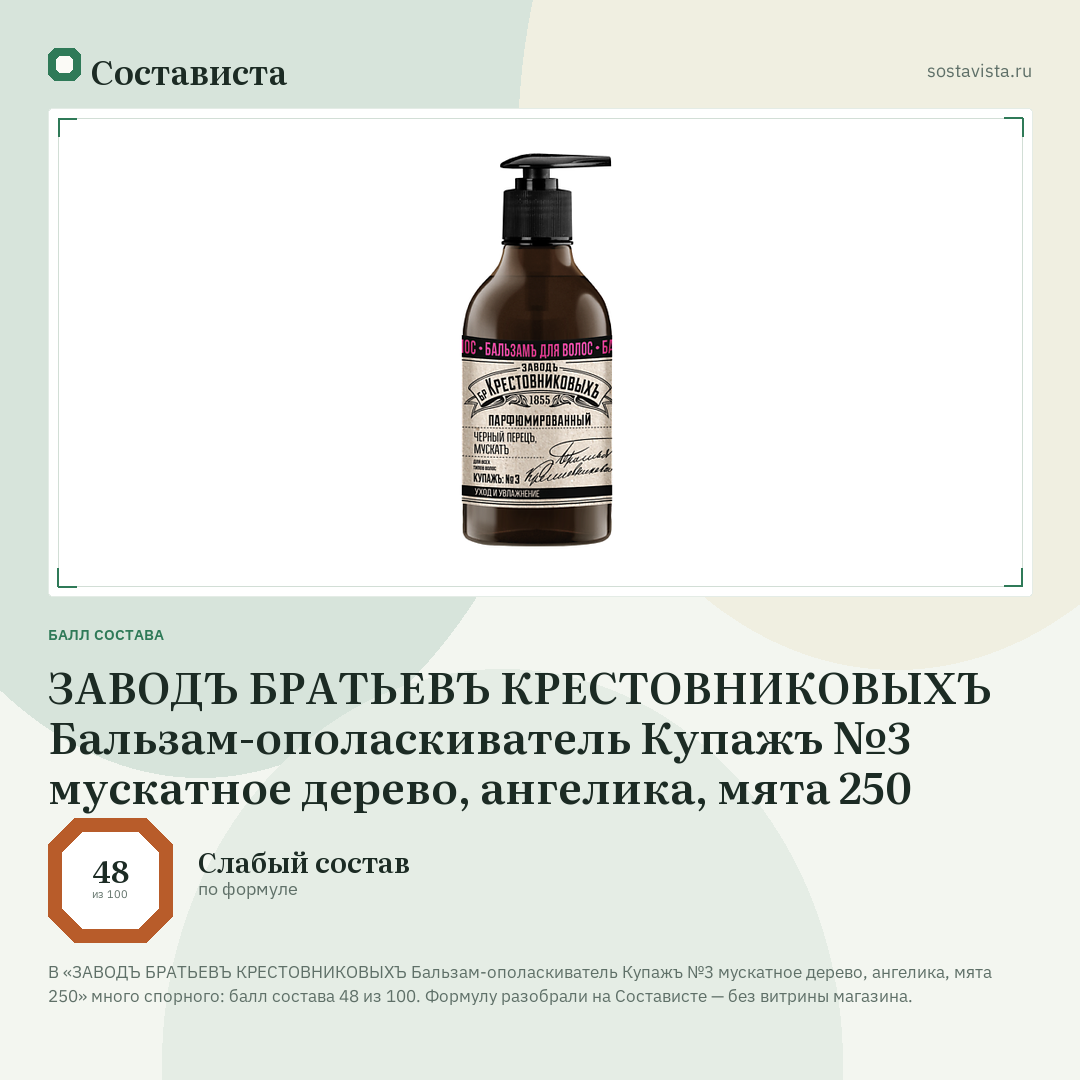 ЗАВОДЪ БРАТЬЕВЪ КРЕСТОВНИКОВЫХЪ Бальзам-ополаскиватель Купажъ №3 мускатное дерево, ангелика, мята 250: балл состава 48 из 100 — Состависта