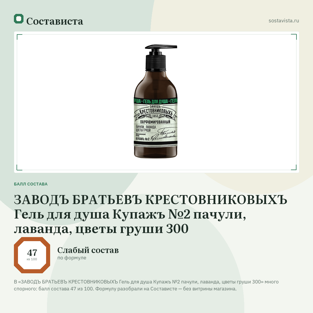 ЗАВОДЪ БРАТЬЕВЪ КРЕСТОВНИКОВЫХЪ Гель для душа Купажъ №2 пачули, лаванда, цветы груши 300: балл состава 47 из 100 — Состависта