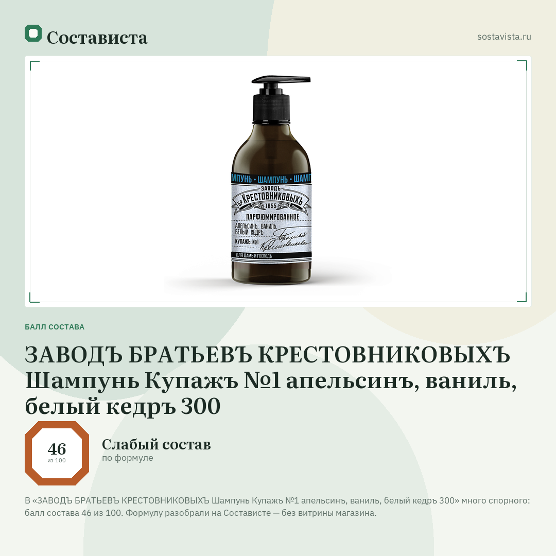 ЗАВОДЪ БРАТЬЕВЪ КРЕСТОВНИКОВЫХЪ Шампунь Купажъ №1 апельсинъ, ваниль, белый кедръ 300: балл состава 46 из 100 — Состависта