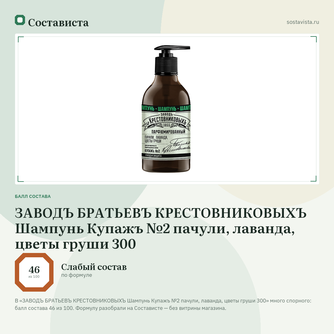 ЗАВОДЪ БРАТЬЕВЪ КРЕСТОВНИКОВЫХЪ Шампунь Купажъ №2 пачули, лаванда, цветы груши 300: балл состава 46 из 100 — Состависта