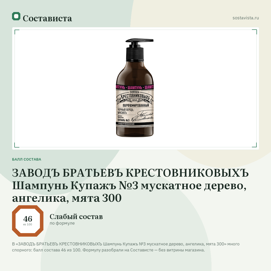 ЗАВОДЪ БРАТЬЕВЪ КРЕСТОВНИКОВЫХЪ Шампунь Купажъ №3 мускатное дерево, ангелика, мята 300: балл состава 46 из 100 — Состависта