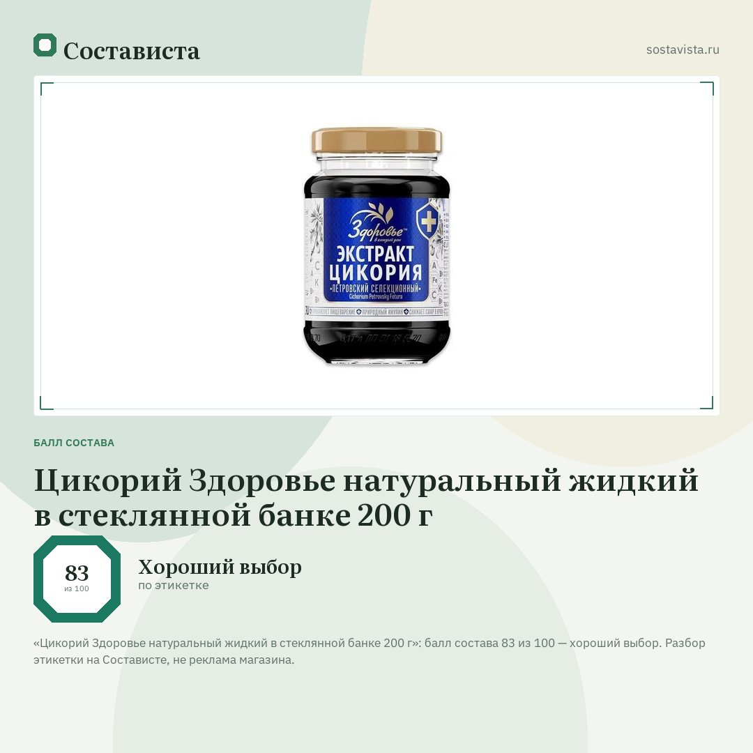 Цикорий Здоровье натуральный жидкий в стеклянной банке 200 г: балл состава 83 из 100 — Состависта