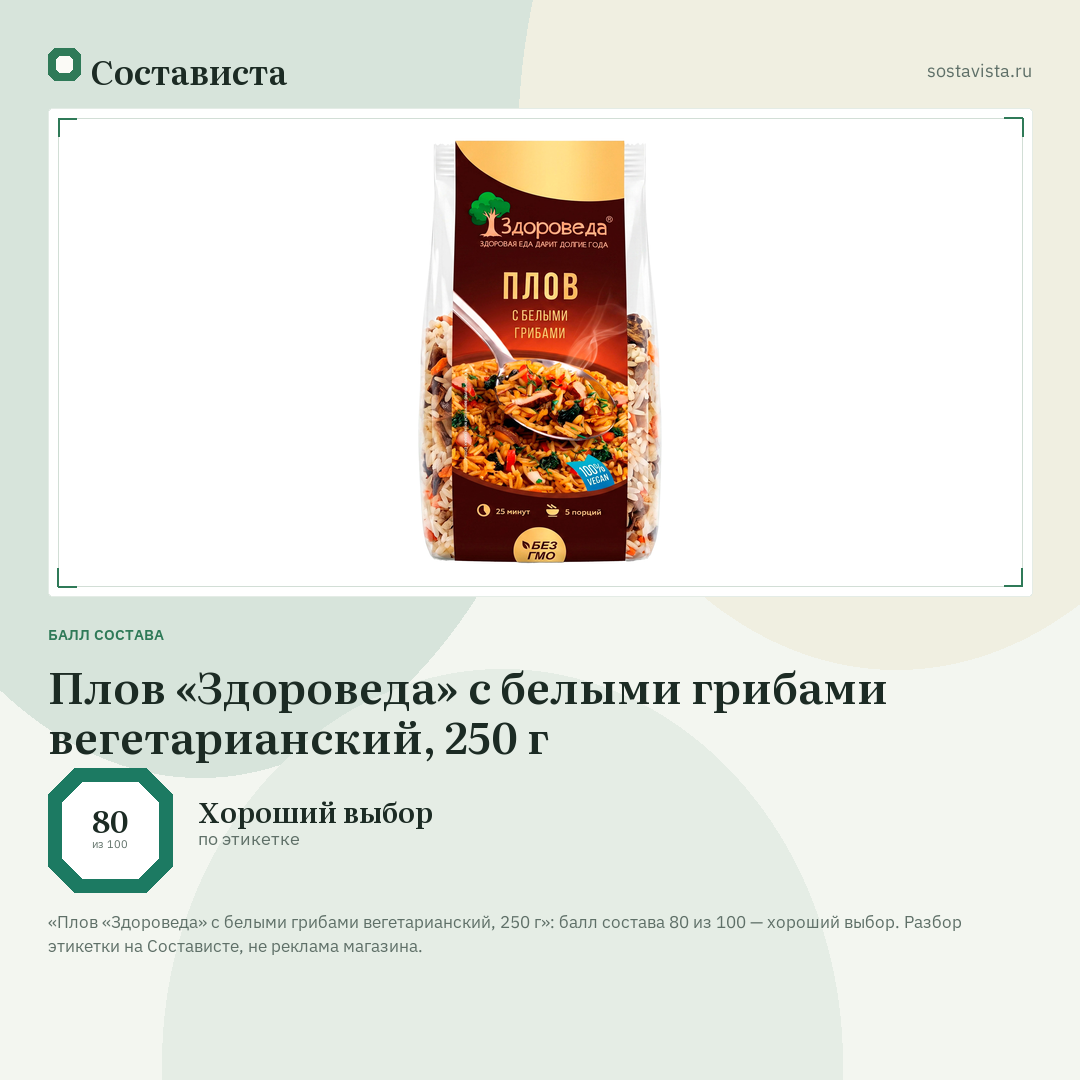 Плов «Здороведа» с белыми грибами вегетарианский, 250 г: балл состава 80 из 100 — Состависта