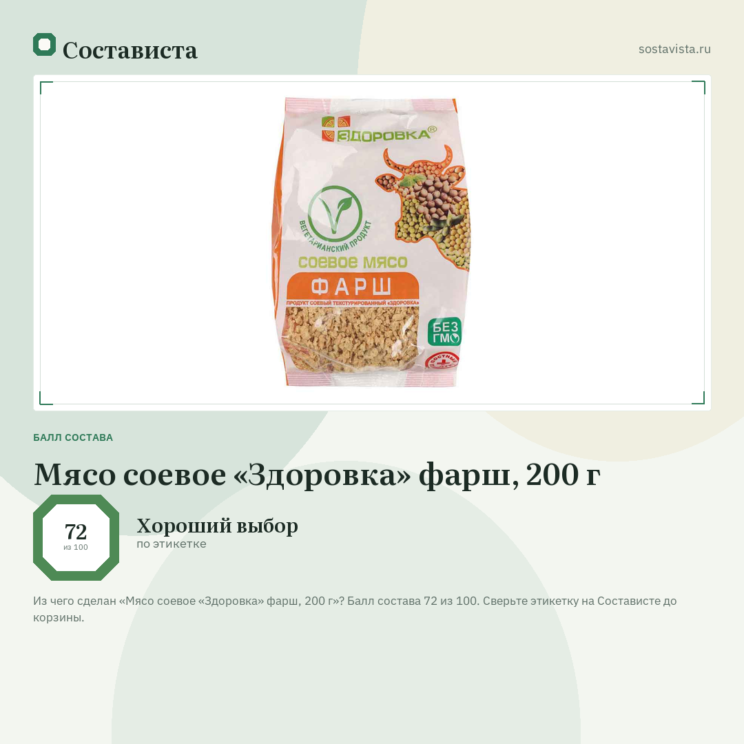 Мясо соевое «Здоровка» фарш, 200 г: балл состава 72 из 100 — Состависта