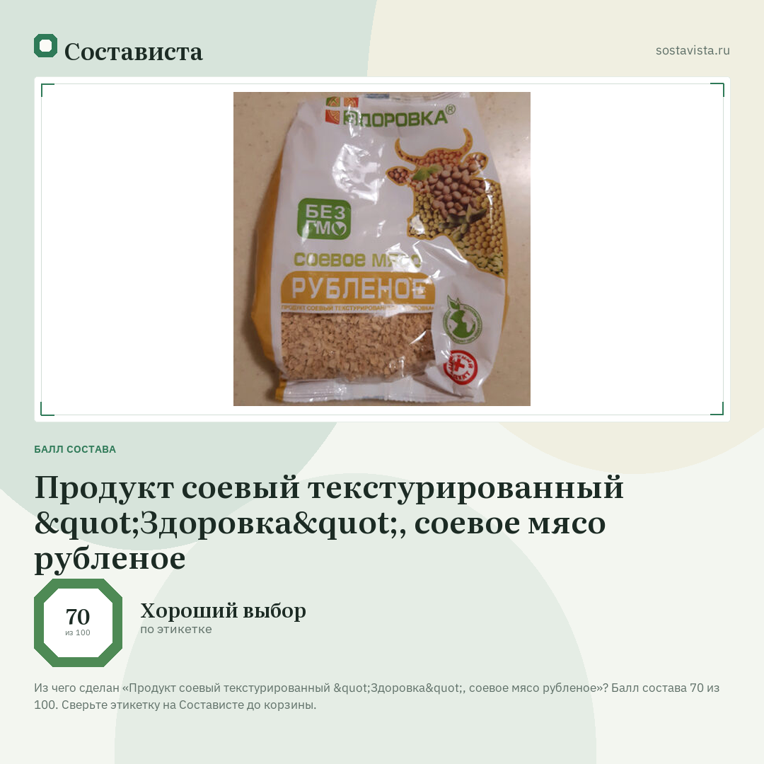 Продукт соевый текстурированный "Здоровка", соевое мясо рубленое: балл состава 70 из 100 — Состависта