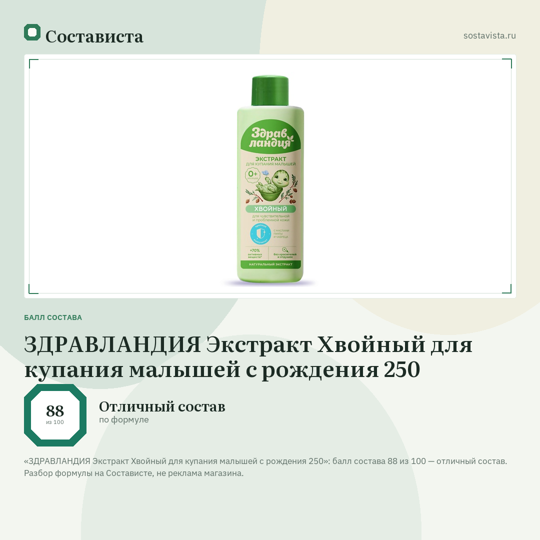 ЗДРАВЛАНДИЯ Экстракт Хвойный для купания малышей с рождения 250: балл состава 88 из 100 — Состависта