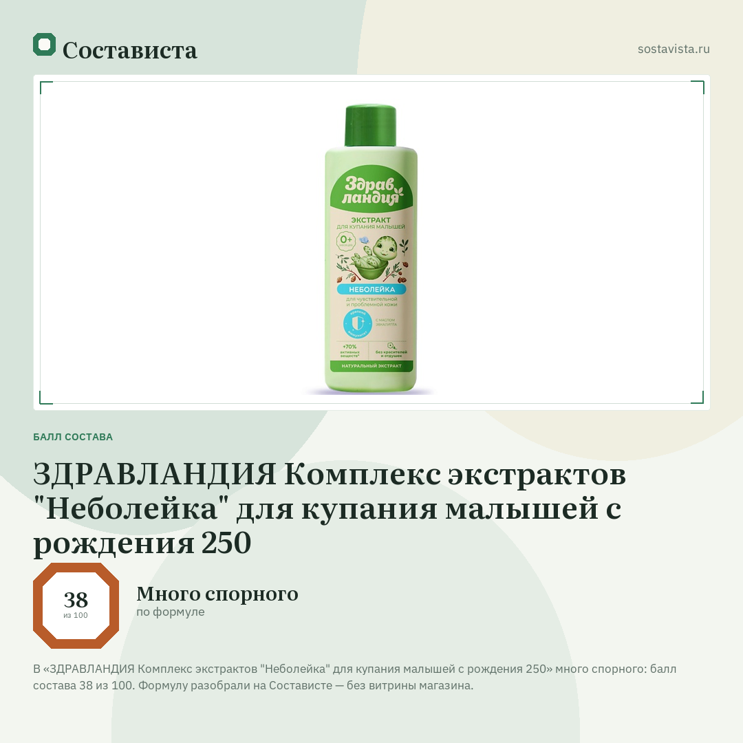 ЗДРАВЛАНДИЯ Комплекс экстрактов "Неболейка" для купания малышей с рождения 250: балл состава 38 из 100 — Состависта