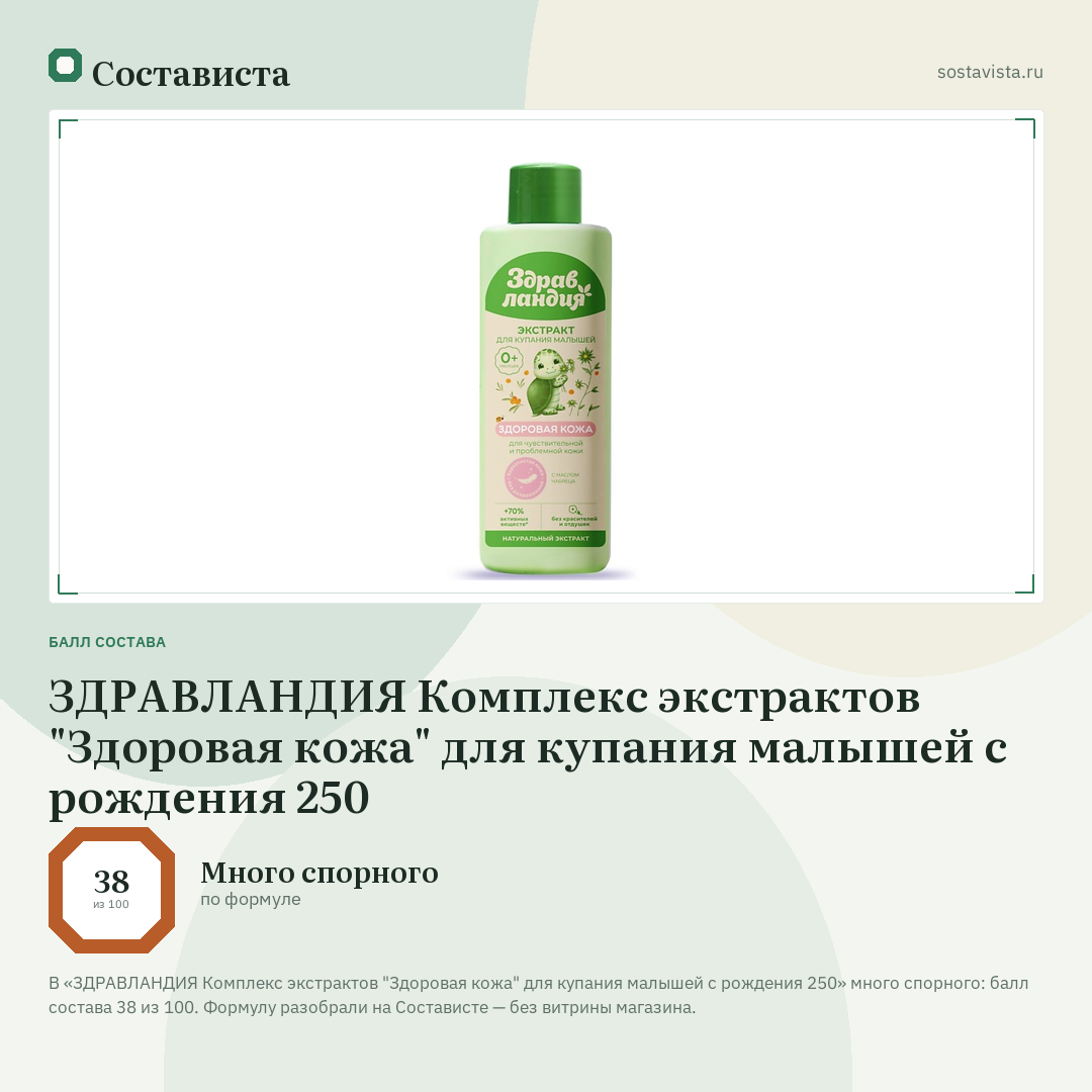 ЗДРАВЛАНДИЯ Комплекс экстрактов "Здоровая кожа" для купания малышей с рождения 250: балл состава 38 из 100 — Состависта
