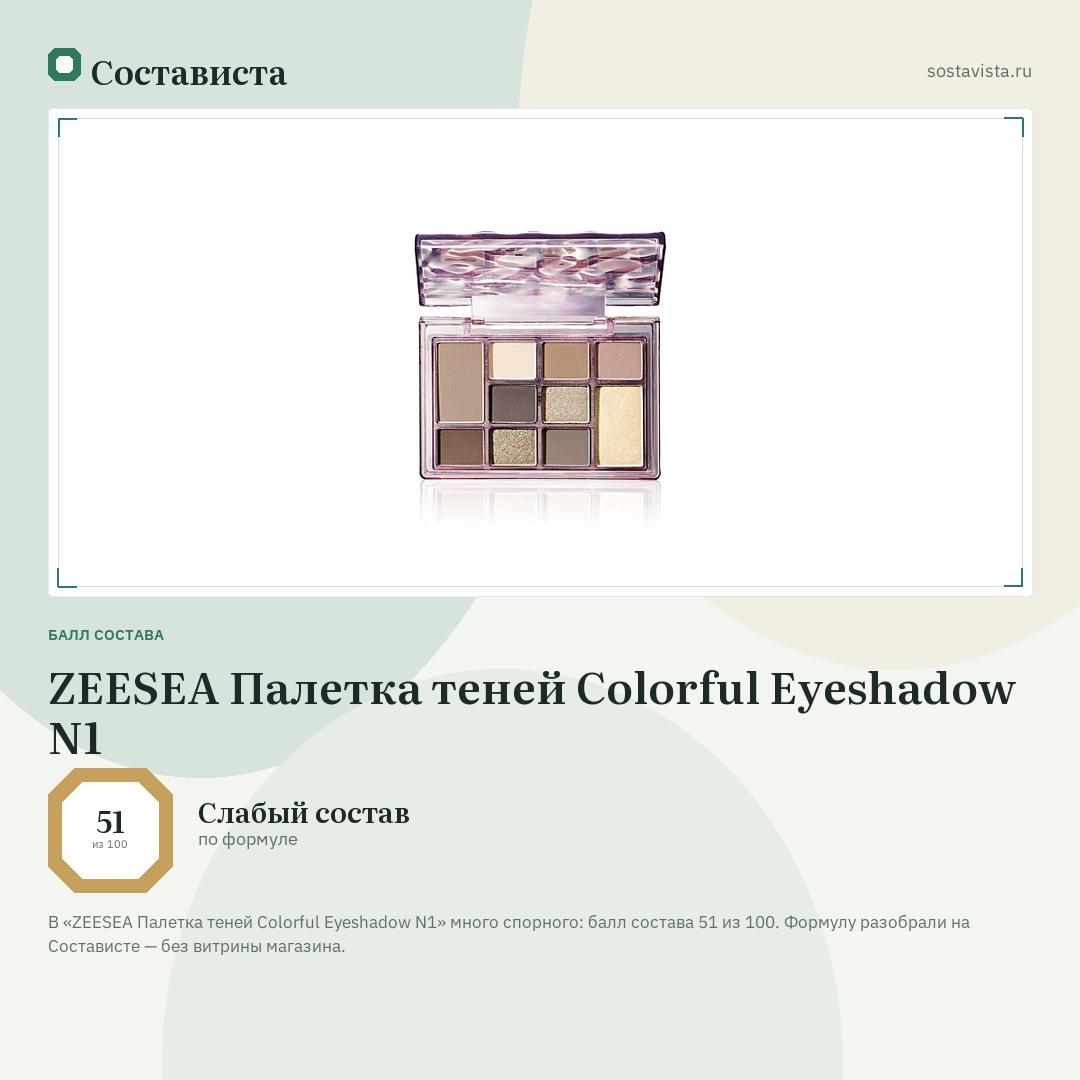 ZEESEA Палетка теней Colorful Eyeshadow N1: балл состава 51 из 100 — Состависта